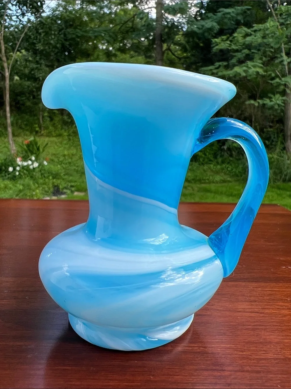 Vintage Rainbow Glass Blue Slag Glass Milk Pitcher Brush Cup Hand Blown in USA